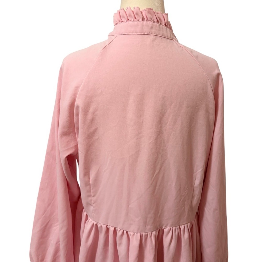 Pink Tiered Babydoll Mini Dress Size Medium Cottagecore Ruffle Neck Long Sleeve - Picture 6 of 8